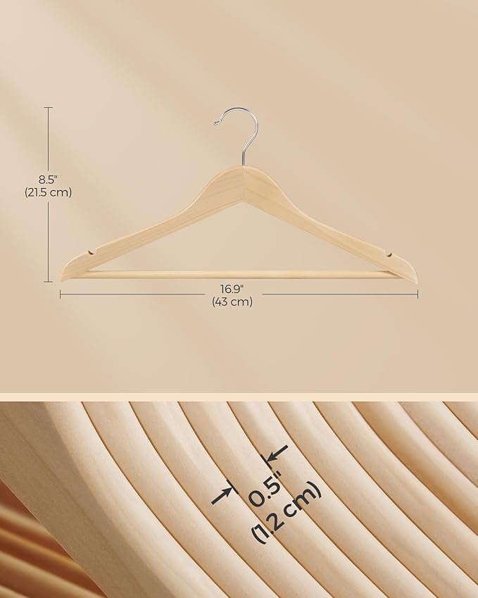 SONGMICS Wooden Hangers, Pack of 24, Coat Hangers, Non-Slip, Pants Bar, 360° Swivel Hooks, for Jackets, Shirts, Coats, Natural Wood UCRW010N24