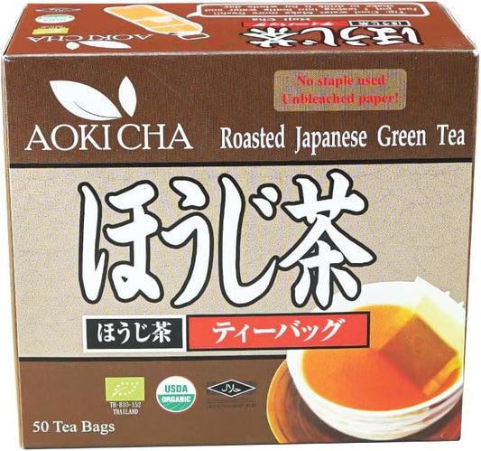 Suwirun Aoki Cha Organic Hojicha 50 Bags – Japanese Roasted Green Tea – Smooth, Bold & Naturally Sweet – Low Caffeine, Eco-Friendly, Unbleached Tea Bags for Hot & Cold Brew