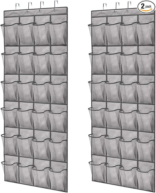 GORILLA GRIP Over the Door Shoe Organizer, 2 Pack, 24 Breathable Mesh Pockets, Space Saving Hanging Storage Holder, Closet Rack Hanger Holds Up to 40 lbs, Hangs on Closets, Shoes, Accessories, Gray
