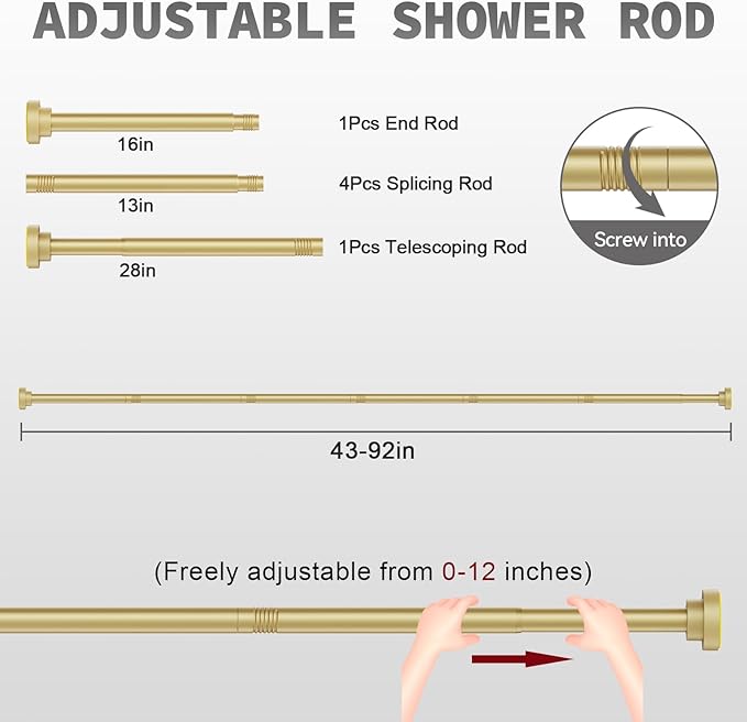 Thestoa Gold Shower Curtain Rod Adjustable 43-92 inch, 1"Diameter Spring Tension Curtain Rod No Drill, Anti-Rust Non-Slip Shower Rod for Bathroom