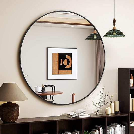 Black Round Mirror, 48 Inch Circle Bathroom Mirror with Metal Frame, Wall-Mounted for Entryway, Bathroom, Vanity, Living Room