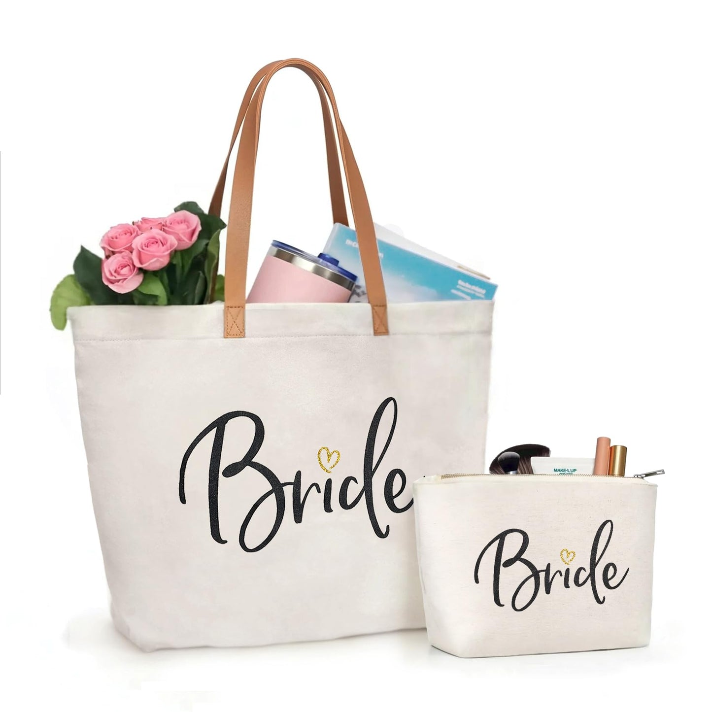 ELEGANTPARK Bride Gifts Wedding Gifts for Bride Bag Bridal Shower Bachelorette Party Honeymoon Large Shoulder Bags Canvas Totes with Zipper Set of 2