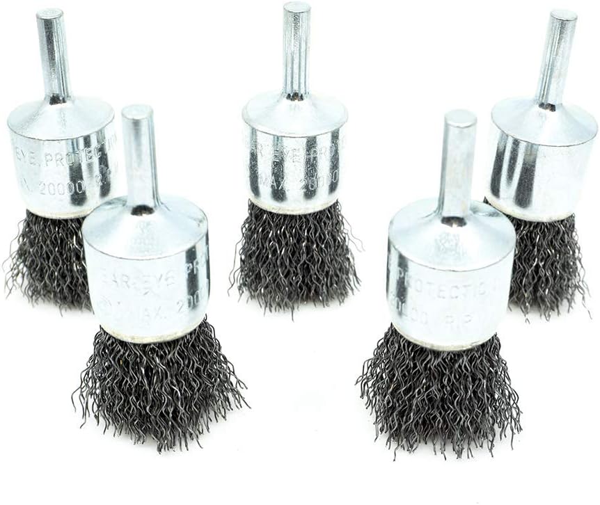 Benchmark Abrasives 1" Crimped Wire End Brush for Cleaning Derusting Paint Removal Deburring, Cast Iron, Steel, Nickel, 1/4" Shank for Die Grinder Rotary Tools (5 Pack) - Carbon Steel