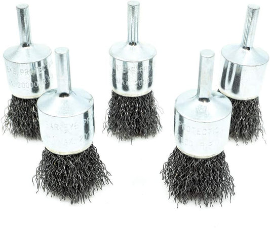 Benchmark Abrasives 1" Crimped Wire End Brush for Cleaning Derusting Paint Removal Deburring, Cast Iron, Steel, Nickel, 1/4" Shank for Die Grinder Rotary Tools (5 Pack) - Carbon Steel
