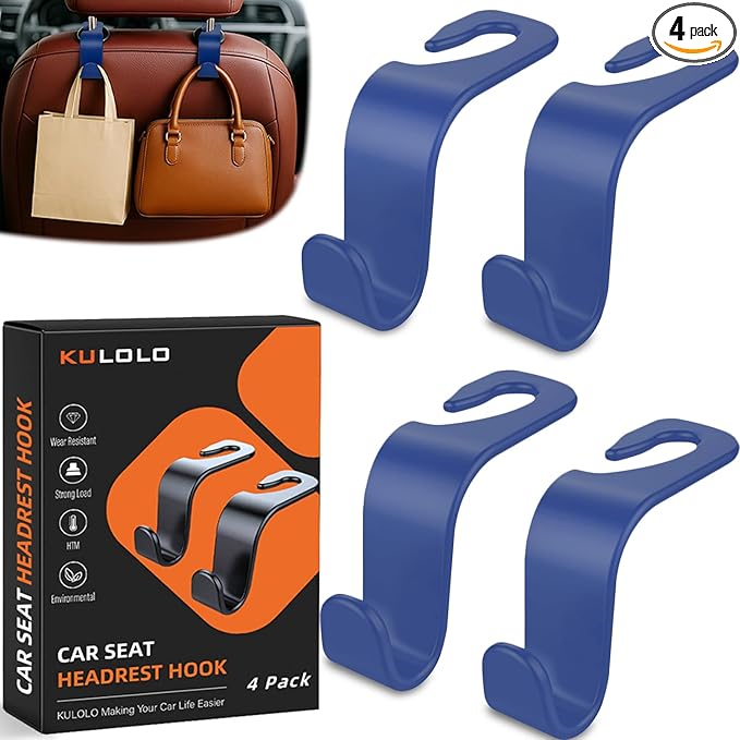 Car Seat Hooks & Purse Holder - 4 Pack Boxed,55 lb Heavy Duty,Eco PP Car Hooks for Purse/Bag/Baby Gear/Gym Bag/Groceries/Cup/,Fits 0.32-0.55âCar Headrest Rods (Dark Blue)