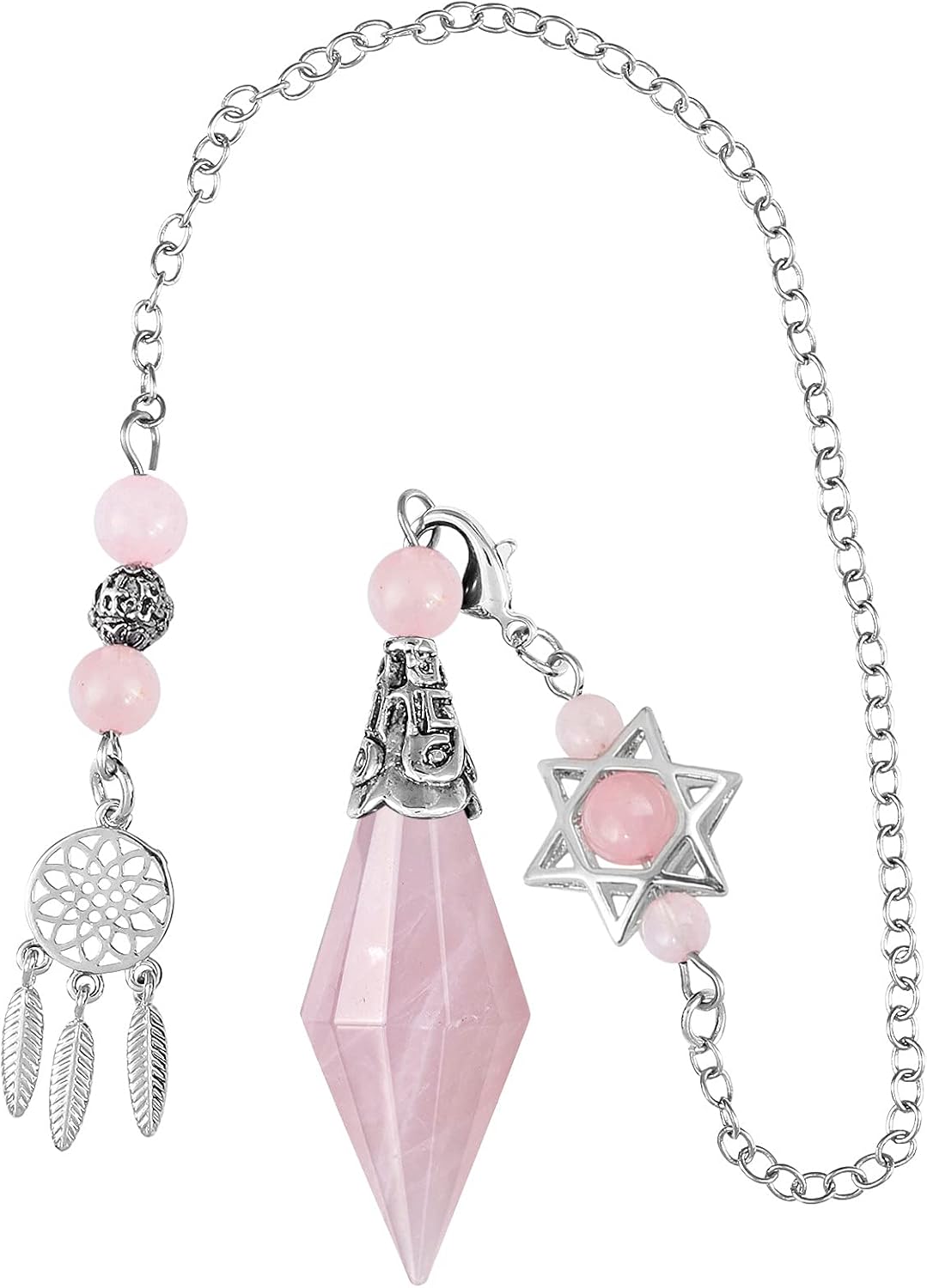 TUMBEELLUWA Reiki Healing Crystal Point Pendulum Dowsing Divination, Reiki Meditation Faceted Stone Pendant with Dream Catcher and Merkaba Star Chain, Rose Quartz