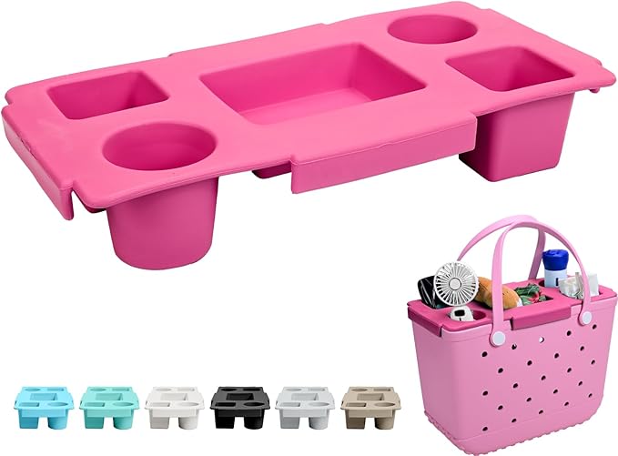 Tote Topper Tray Accessories for Bogg Bag Large Only – Waterproof EVA Table Top Organizer Lid with Cup Holder, Snack, Phone & Drink Holders for Beach, Pool, Picnic, Travel (Pink)