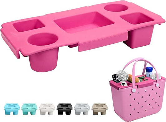 Tote Topper Tray Accessories for Bogg Bag Large Only – Waterproof EVA Table Top Organizer Lid with Cup Holder, Snack, Phone & Drink Holders for Beach, Pool, Picnic, Travel (Pink)