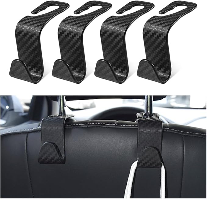 Hanemia Car Back Seat Headrest Hooks, 4 Pack Carbon Fiber Stylish Back Seat Hanger for Car Handbag Clothes Coats Grocery Bags, Car Interior Accessories (Carbon Fibre/Black)