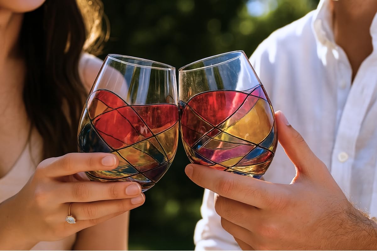 Antoni Barcelona Stemless Wine Glasses – Hand‑Painted Set of 2 Unique Wine Gift for Wedding, Anniversary, Housewarming & Christmas • Sagrada Familia Style • Ideal for Women & Men