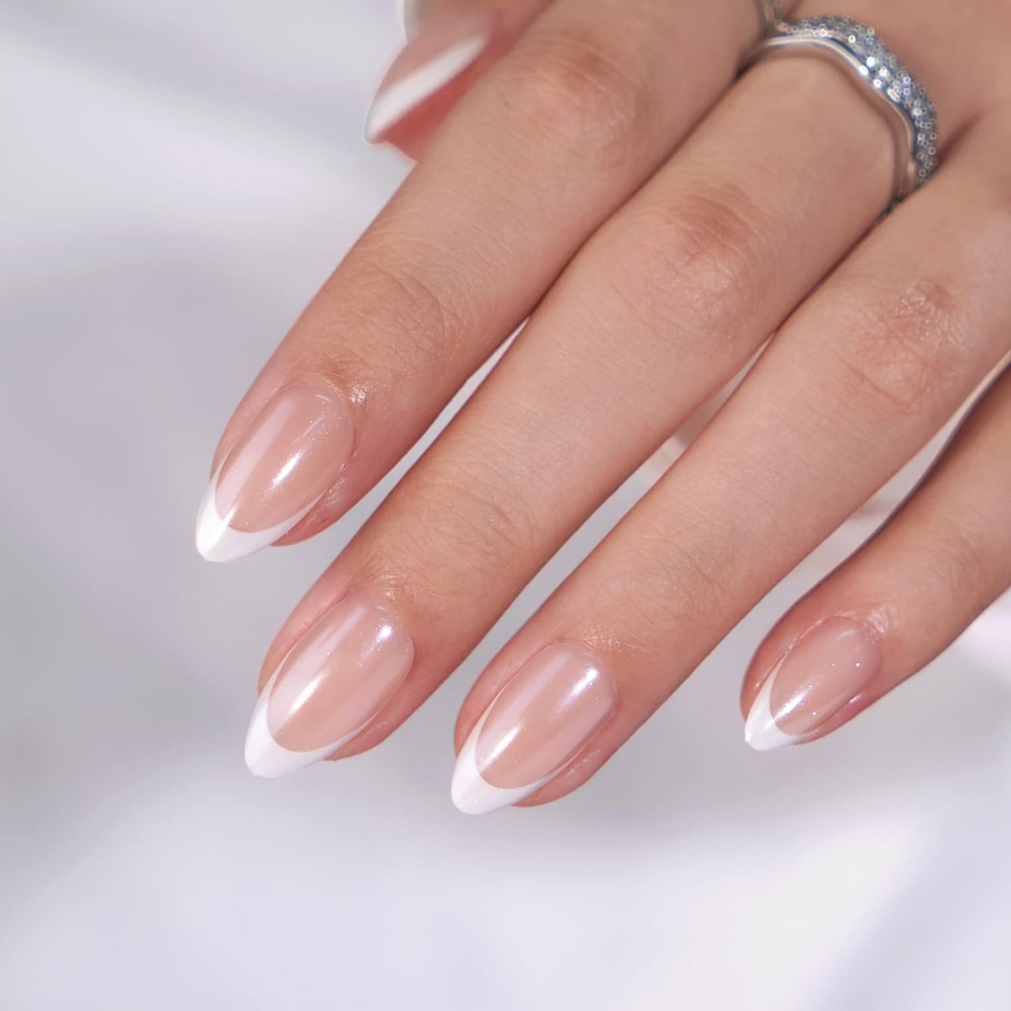 French Tip Press On Nails - BTArtbox White Almond Medium Reusable Stick On Nails in 15 Sizes - 30 Soft Gel Fake Nail Kit for Women Gift, Classic