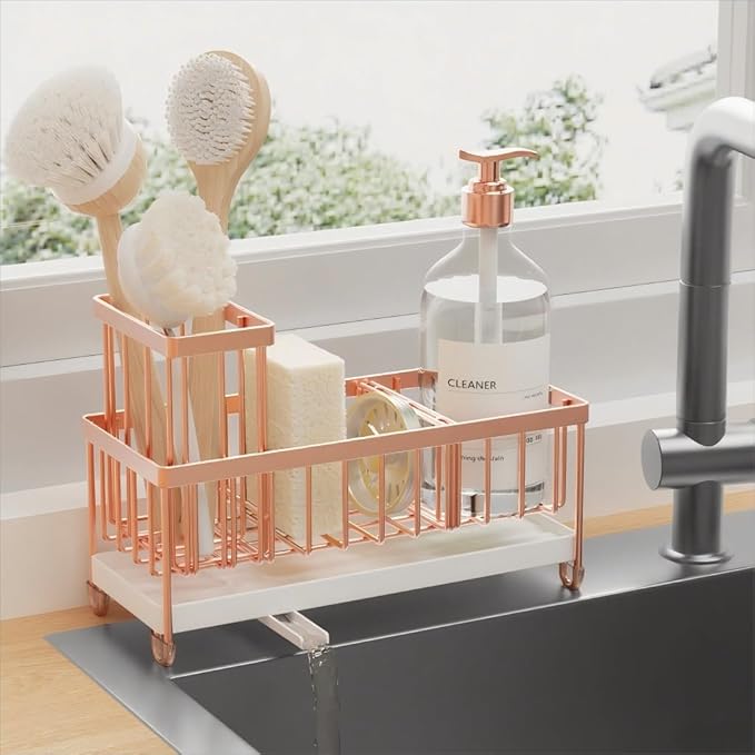 Cisily Sponge Holder for Kitchen Sink, Sink Caddy Organizer with High Brush Holder, Kitchen Countertop Organizers and Storage Essentials, Rustproof 304 Stainless Steel (Rose Gold, 9.25â³)