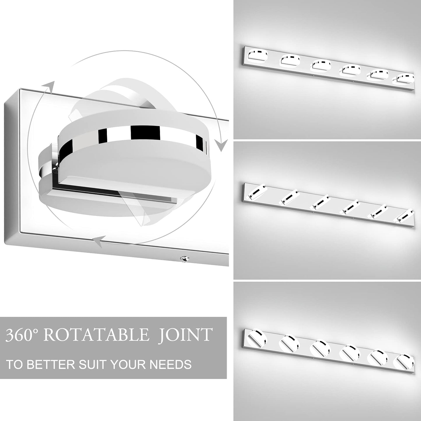 Aipsun 6 Lights Modern Chrome LED Vanity Light Acrylic Stainless Steel Bathroom Wall Light Over Mirror(White Light 6000K)