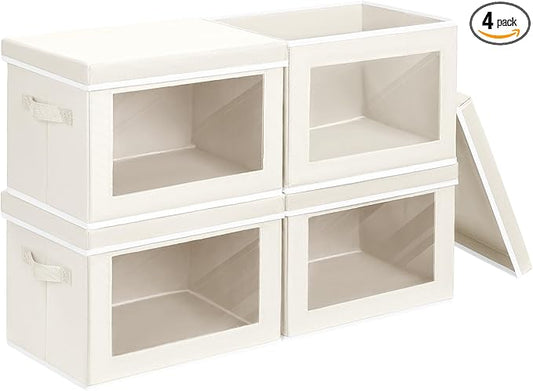 Storage Bins with Lids, 4 Pack Large Storage Cubes with Window, Closet Bins with Lids & Handles, Fabric Box for Organizing Clothes, Towels, Books, Beige