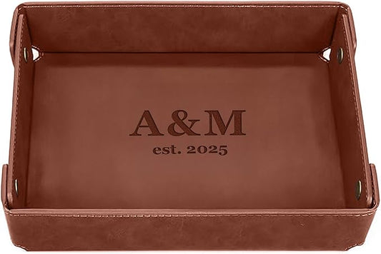 Engraved PU Leather Valet Tray â Personalized Light Coffee Catchall with Custom Name â Organizer for Keys, Wallet, Jewelry â Meaningful Gift for Couples, Home, Office