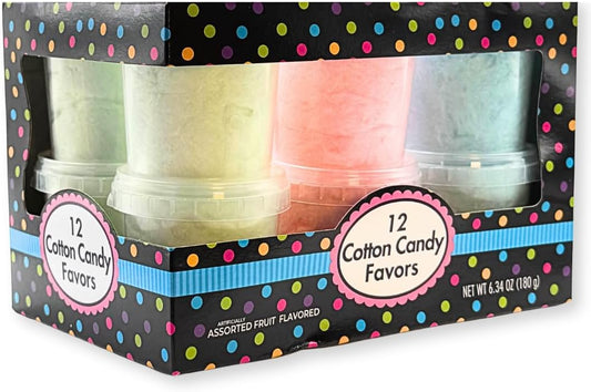 Albert's Variety Flavored Cotton Candy – 12 Pack – Fluffy Rainbow Assorted Sweet Treat – Resealable Tubs – Perfect for Parties & Events, (Assorted mix of Blueberry, Apple, Strawberry)