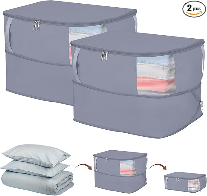 Comforter Storage Bag, Large Capacity Blanket Storage Bags with Visual Window, Ultra Space Saving Self Compression Organizer, Washable Compression Bag for Down Jacket, Pillow, Bedding, 2-Pack 40L Gray