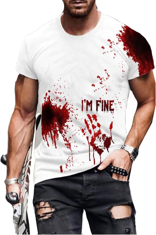 I'm Fine Blood Shirt Men Funny Halloween Bloody Horror Tshirts Blood Splatter Stain Casual Tee Scary Movie Tops