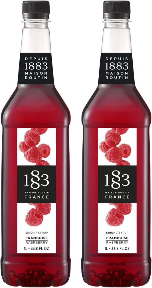 1883 Maison Routin Raspberry Syrup, Made in France, Rich Taste of Ripe Raspberries, Vegan, Gluten-Free, Kosher, Non-GMO, 2 Count of 1 Liter Bottles