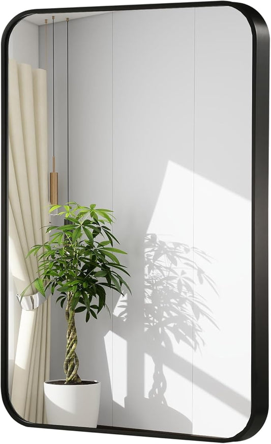 30x36 Inch Black Wall Mirror for Bathroom, Brushed Metal Framed Mirror with Rounded Corner, Rectangle Bathroom Vanity Mirror for Bedroom or Living Room, Horizontal/Vertical