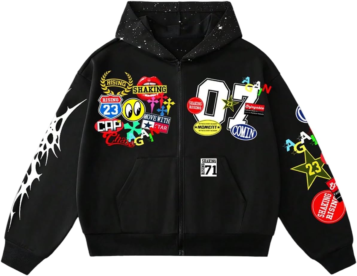 SOLY HUX Men's Graphic Oversized Hoodies Y2k Zip Up Long Sleeve Hooded Sweatshirt Jacket Streetwear