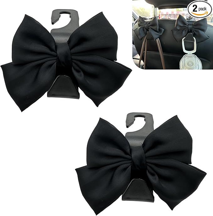 2PCS Car Seat Headrest Hooks, Car Purse Hook for Car, Cute Bow Car Rear Seat Storage Hooks, Interior Decorating Accessories for Purses, Bags, Umbrellas (Black)