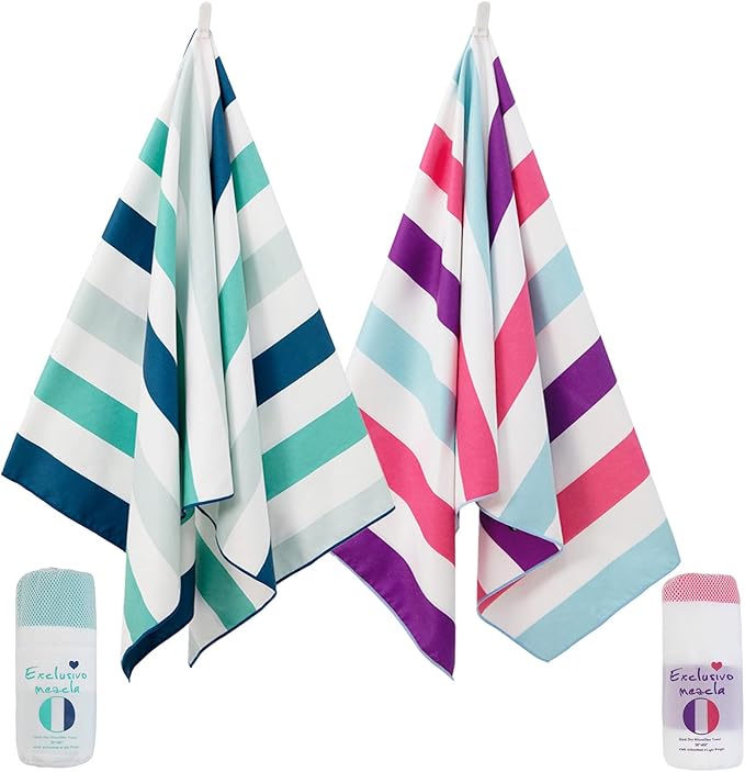 Exclusivo Mezcla 2 Pack Microfiber Quick Dry Beach Towels, Large Lightweight Sandfree Pool Towels for Swimming Camping Travel with Bag (Green and Purple, 30x60 Inches)