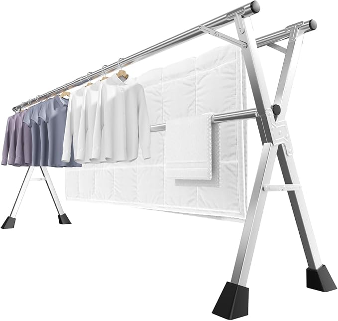 MIKEE 79-Inches Clothes Drying Rack,Foldable Laundry Drying Rack Clothing for Indoor/Outdoorï¼Length-Adjustable Clothes Rackï¼Space-Saving,with 20 Windproof Hooks
