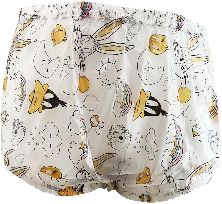Haian High-Waisted Adult Incontinence Pull-on Plastic Printed Waterproof Pants (3XL, Bunny)