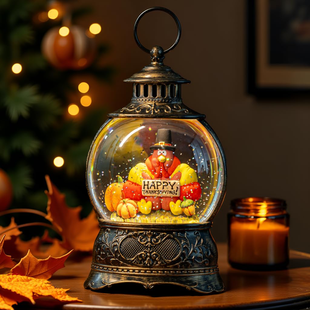 Fall Snow Globes Thanksgiving WaterLantern Swirling Glitter Snow Globe for Autumn Harvest Day Decorations Home Fall Halloween Decor Gifts (Turkey & Pumpkins)