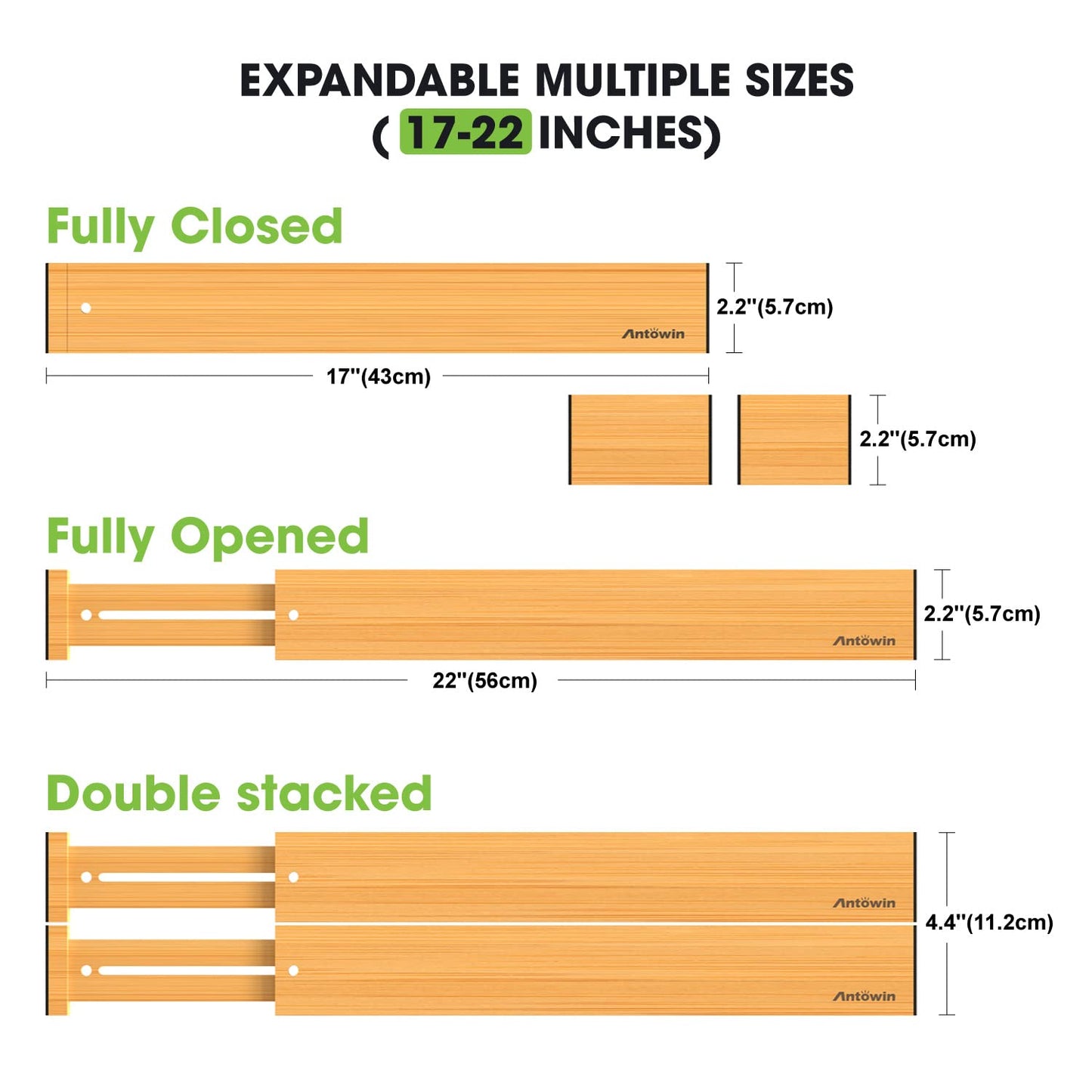 ANTOWIN Bamboo Drawer Dividers, Expandable Drawer Separators Splitter, 17-22 inches Adjustable Spring-loaded Organizer for Large Utensil, Clothes, Tools Drawers, 6 Pack Dividers + 4 Pack Baffle