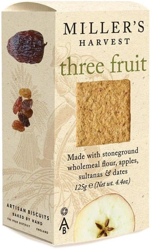 Miller's Harvest Artisan Biscuits Three-Fruit Crackers | Stoneground Wholemeal Flour with Apples Raisins & Dates | Imported from England | 4.4 oz