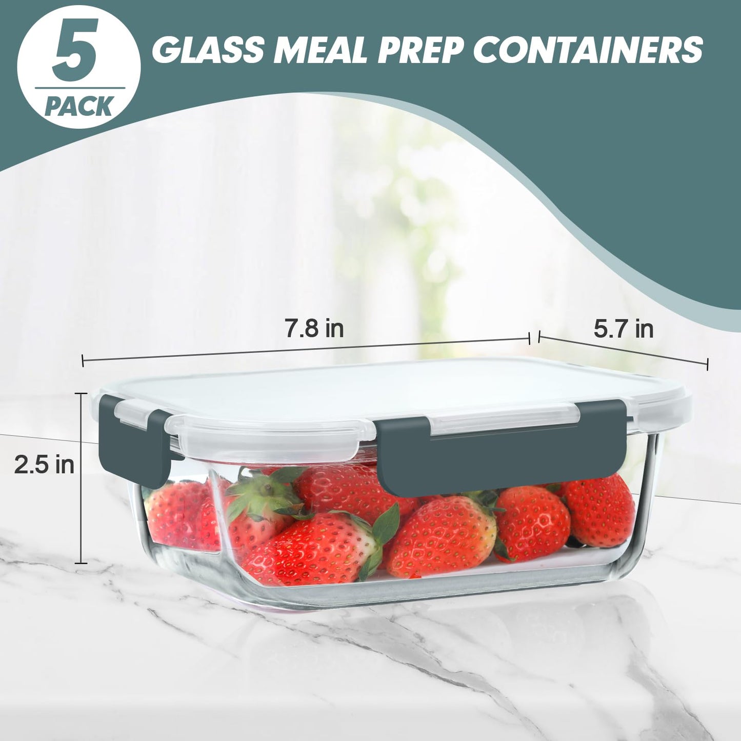 KOMUEE 30 oz 5 Pack Glass Meal Prep Containers, Glass Storage Containers with Lids - Dishwahser, Microwave, Oven and Freezer Safe