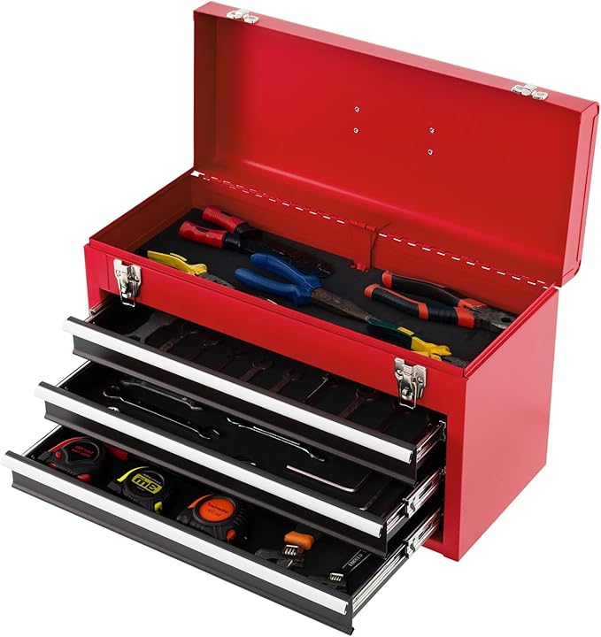 IRONMAX Portable Tool Box, 20.5ââ Lockable Steel Tool Chest Cabinet w/Comfortable Handle & 3 Drawers, Heavy Duty Storage Toolbox Tool Organizer for Garage, Warehouse, Home (Black+Red)