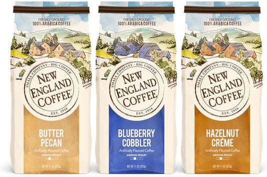 New England Coffee Variety Pack - Butter Pecan/Blueberry Cobbler/Hazelnut Creme, 11oz Bag (Pack of 3)