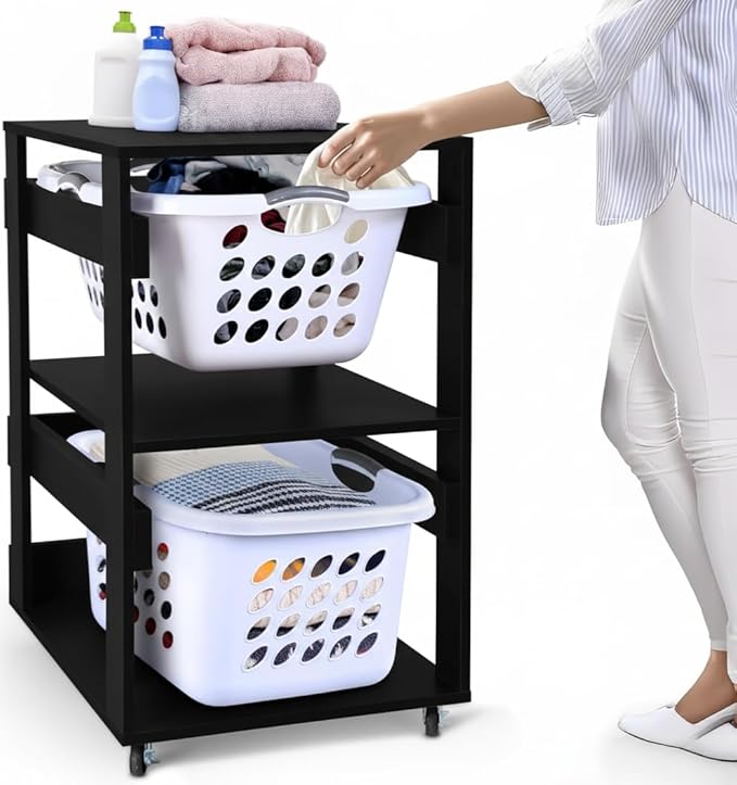 Laundry Basket Holder Shelf â Stackable Engineered Wood Laundry Tower, Tiered Hamper Organizer for Bathroom, Bedroom, Closet (Black, 2 Tier)
