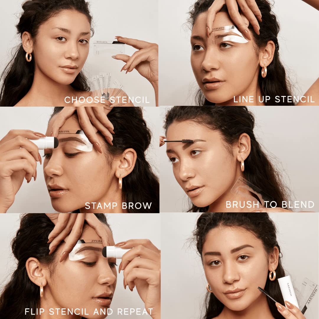 MADLUVV Brow Stamp Kit with Brow Stencils – Easy Eyebrow Shaper for Natural-Looking Brows – Popular Eyebrow Stencil Kit Used by Professionals – 9 Shapes, Spoolie, Travel Bag & Stamp (Nearly Black)