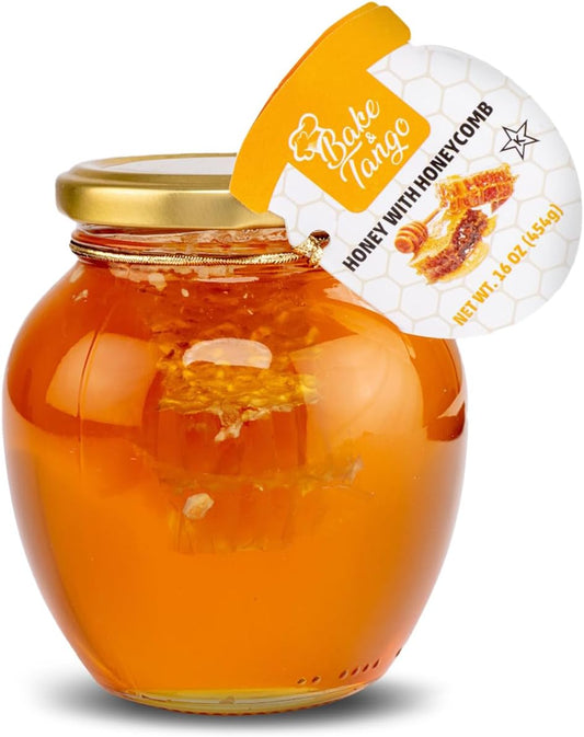 Bake & Tango Raw Honey with Honeycomb - Unfiltered Organic Honey, For Tea, Drizzling, Baking & Snacks, Kosher, 16 oz Glass Jar