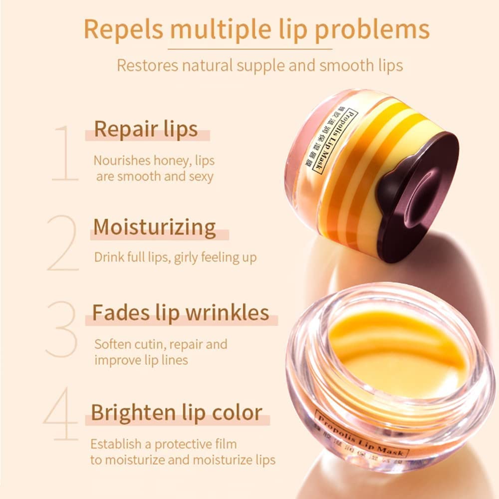 Bee Balm Lip Balm Honey Pot, 2 PCS Strawberry & Honey Lip Masks Hydrating Prevention Dry and Cracked Lip Scrubs Exfoliator