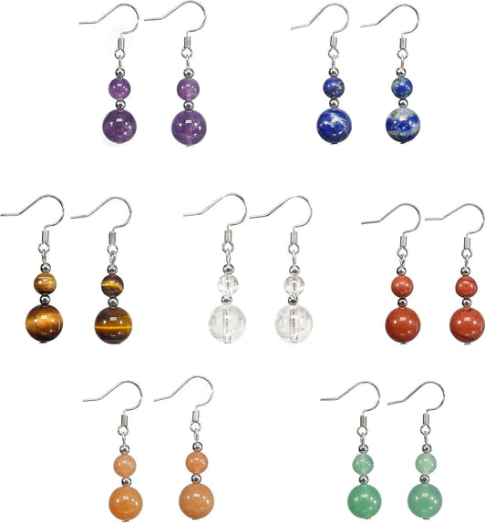 Genuine Stone Beaded Earrings 7 Pairs Dangle Earrings Chakra Earring Healing Crystal Lightweight Colorful Gemstone Earrings Gifts for Women Mom