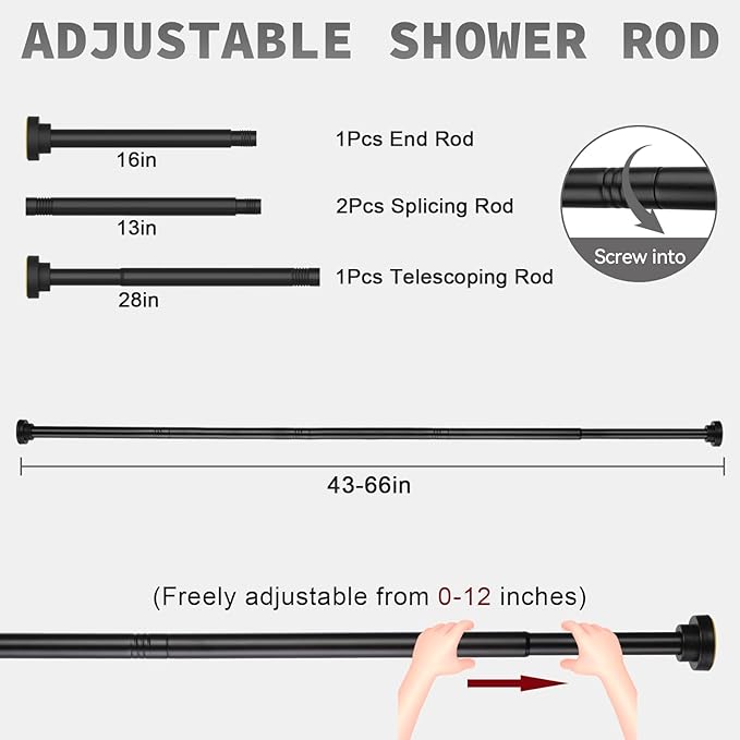 Thestoa Shower Curtain Rod Adjustable 43-66 inch, 1"Diameter Spring Tension Curtain Rod No Drill, Anti-Rust Non-Slip Shower Rod, Black Shower Curtain Rod for Bathroom Tension
