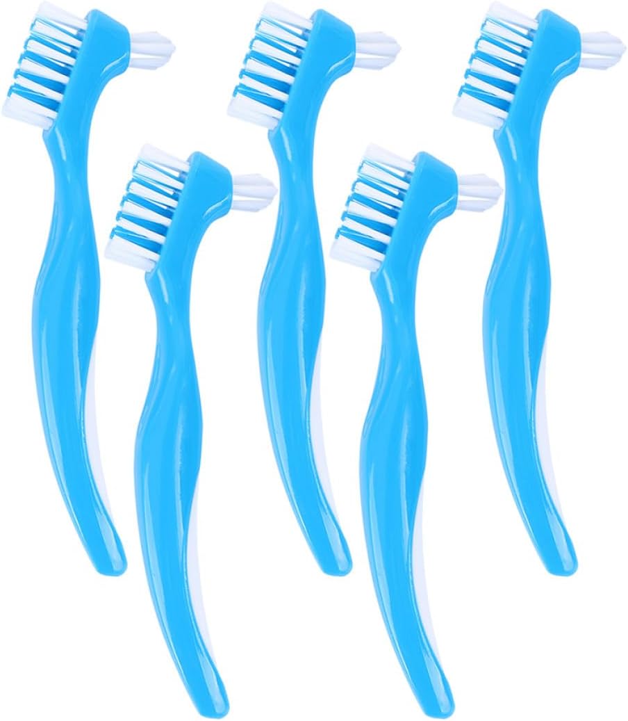 Gatuida 5pcs Double-Sided Denture Toothbrushes Blue Portable False Teeth Brush Comfortable False Teeth Cleaner for Home Denture Care