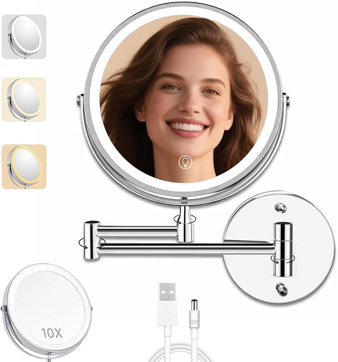 1X/10X Wall Mounted Lighted Makeup Mirror - 8" Dual-Sided Vanity Mirror with 3 Color Lights for Bathroom Bedroom Makeup Studio | 4000 mAh-USB Rechargeable | Touch Dimmable | Extended Arm 360Â° Rotation