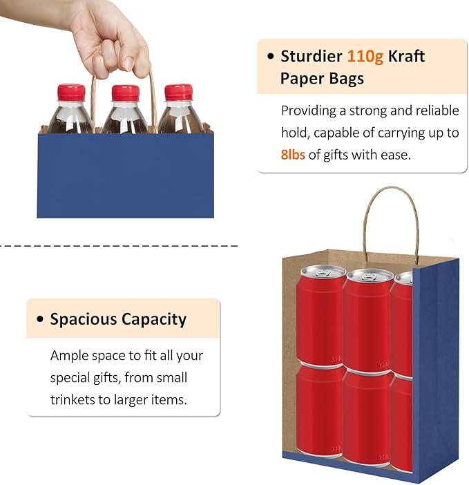BagDream Navy Blue Gift Bags 8x4.25x10.5 100Pcs Kraft Paper Bags with Handles Bulk Medium Size for Shopping, Party Favor, Retail Merchandise Grocery Paper Sacks