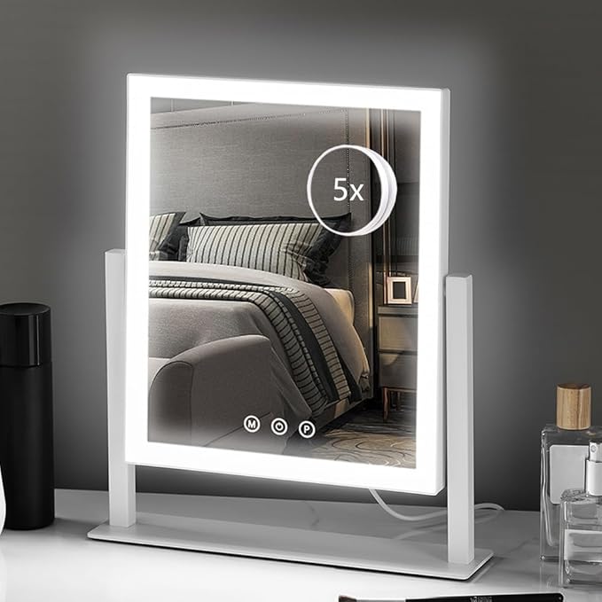 HIEEY Lighted Makeup Mirror, Hollywood Vanity Mirror with Lights, Three Color Lighting Modes, and 5X Magnification Mirror, Smart Touch Control, 360Â°Rotation (14.1in,White,Gift Box)