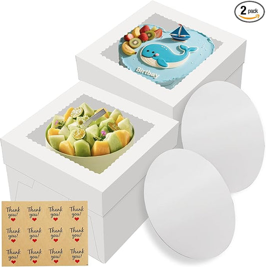 2 Pack Cake Boxes, 12x12x8 Inches Tall Cake Box with Cake Boards, White Bakery Boxes with Large Window, Disposable Cakes Transport Containers with Lids, for Cookies, Pies, Wedding, Birthday