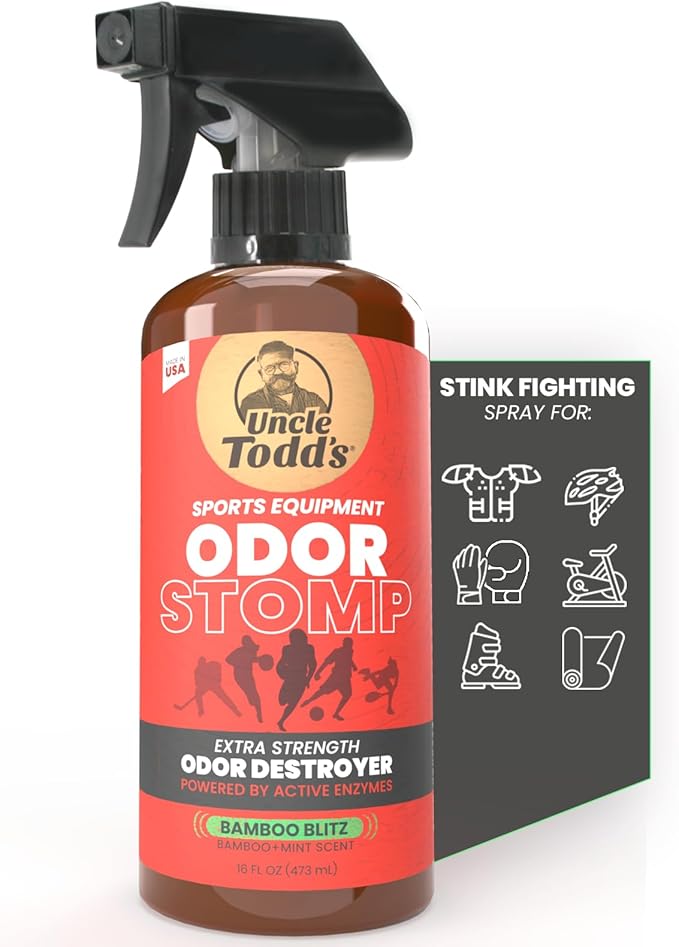 Uncle Toddâs Odor Stomp Sports Equipment Odor Eliminator Spray - Extra Strength Enzyme-Powered Deodorizer for Football, Hockey, Gym Bags, and Athletic Gear - Bamboo Blitz Scent - 16 oz