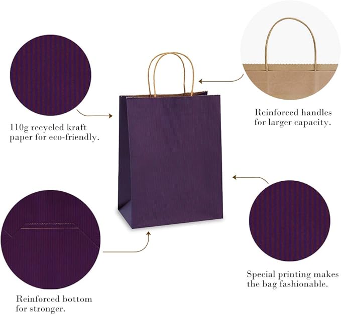 BagDream Gift Bags 8x4.25x10.5 Inches 100Pcs Purple Kraft Paper Bags with Handles Bulk, for Shopping, Retail, Merchandise, Party Favor, Craft, 100% Recyclable Paper Gift Sacks