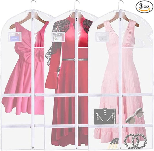 50 Inch Clear Garment Bags for Hanging Clothes (3 Pack), Extra Long Dance Costume Bags with 4 Zipper Pockets for Gowns, Lyrical Dresses & Pageant Competitions, Waterproof PVC Travel Carrier