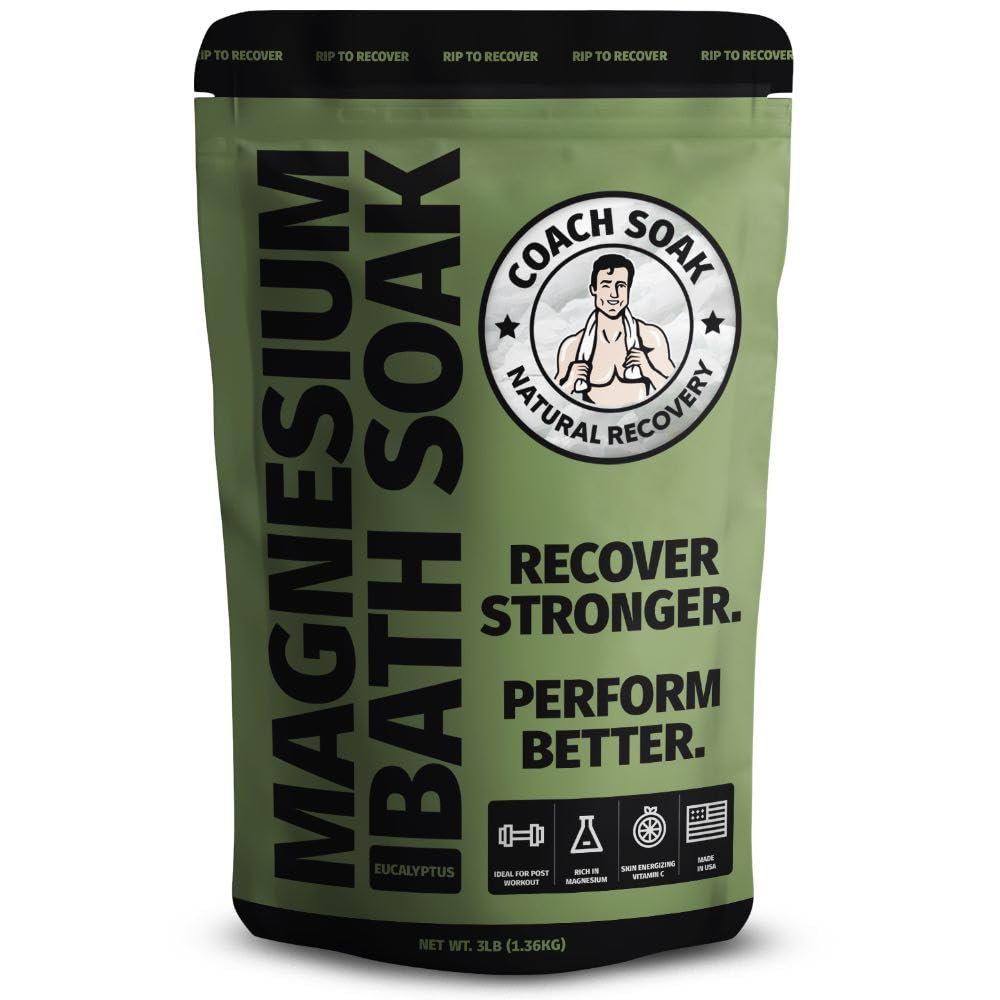 Coach Soak: Recovery Bath Soak â Rejuvenating Post Workout Natural Magnesium Flakes - 21 Minerals, Essential Oils & Dead Sea Bath Salts - Absorbs Faster Than Epsom Salts, 3lbs (Eucalyptus Tea Tree)